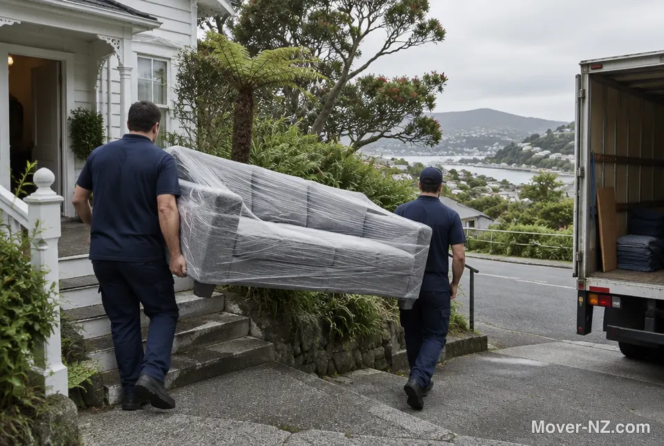 Two movers carrying a wrapped sofa down the steps of a weatherboard villa to a moving truck