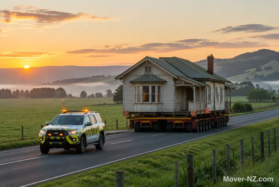 A wooden bungalow on a house-moving trailer on a rural New Zealand road at dawn