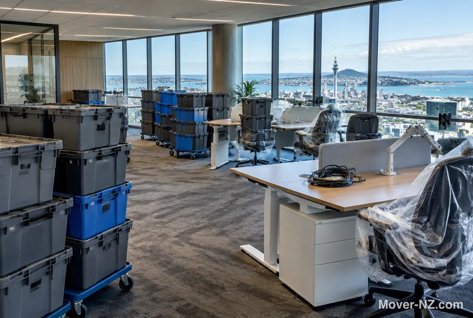 Moving crates and wrapped office chairs during an office move with a harbour view